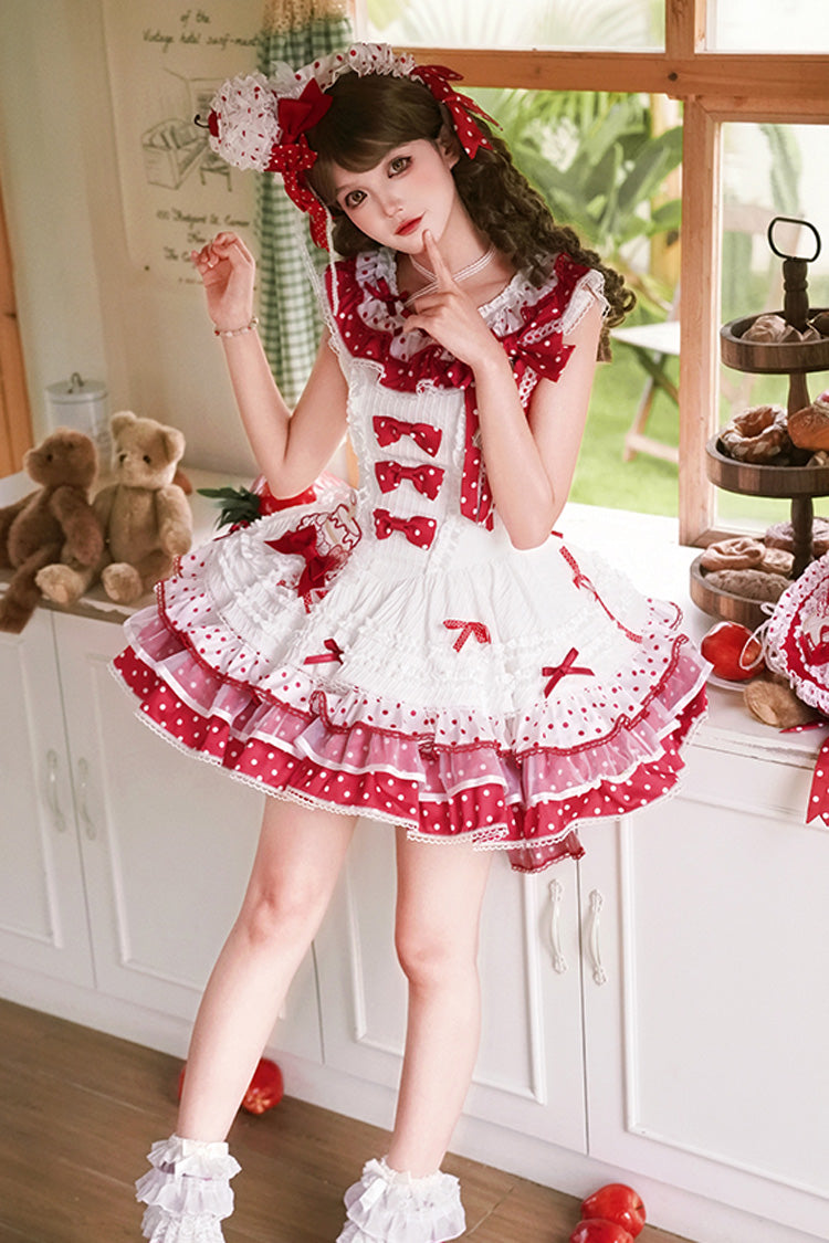 Red/White Twin Bears Sleeveless Triple-Layered Print Ruffle Bowknot Lace Sweet Lolita Jsk Dress