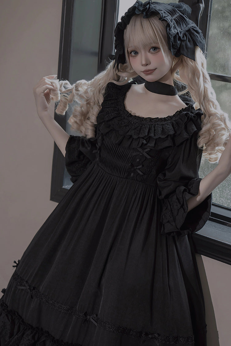 Black Good Morning Short Sleeves Ruffle Bowknot Lace-Up Gothic Lolita Dress