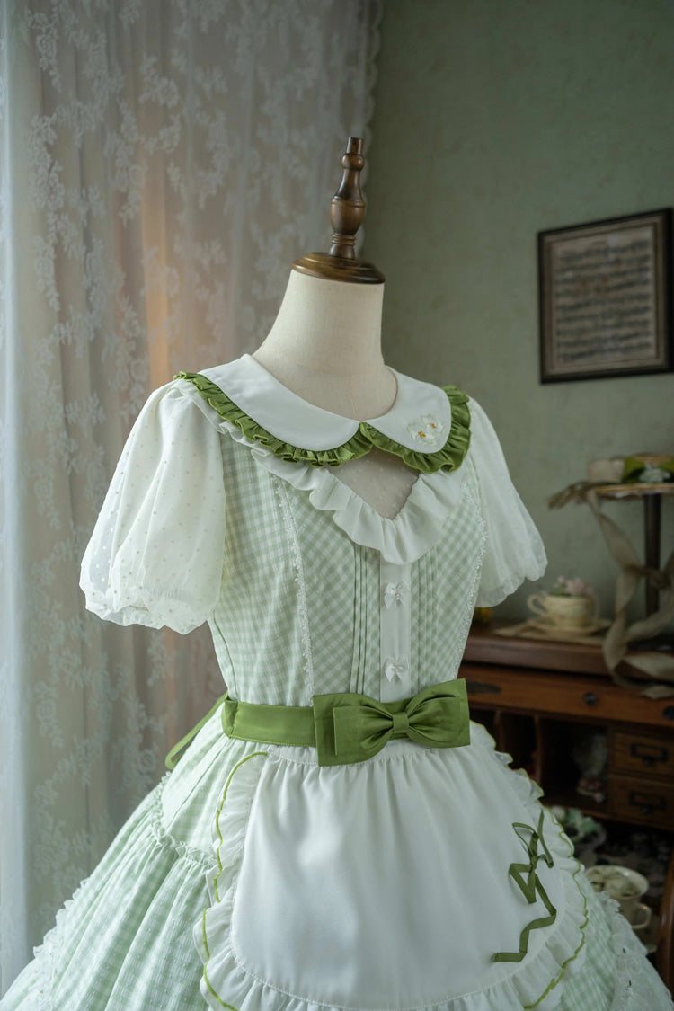 Green Doll Collar Short Sleeves Plaid Print Ruffle Hollow Embroidery Bowknot Sweet Elegant Lolita Dress