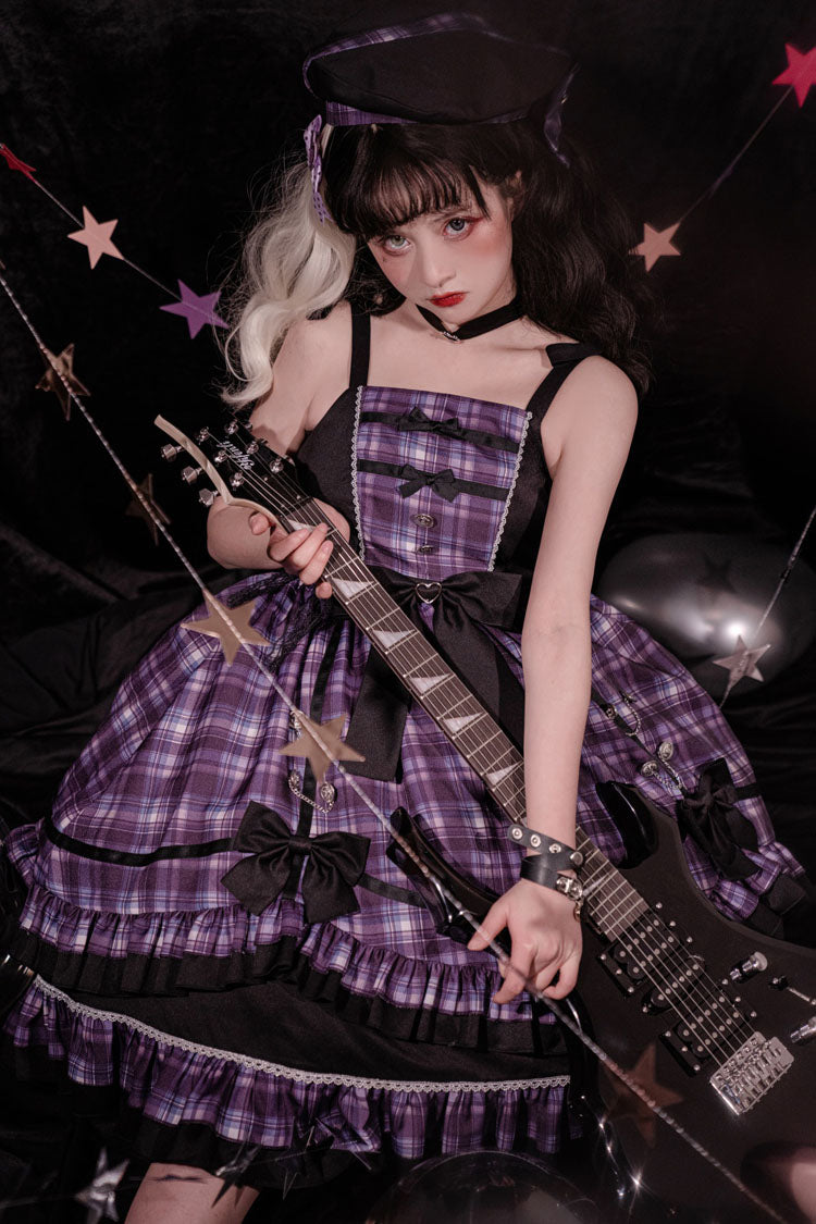 Pink/Black High Waist Stitching Bowknot Ruffled Plaid Slimming Sweet Lolita Jsk Dress