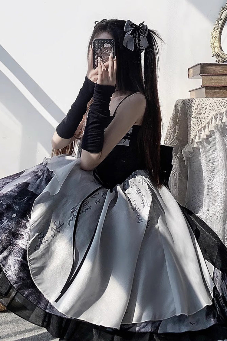 Multi-Color Multi-layer Chinese Ink Style Print Ruffle Sweet Lolita Jsk Dress Set