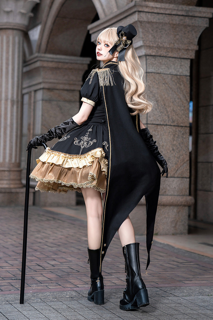Black Gilded Oath Short Sleeves Double-Layered Ruffle Embroidery Bowknot Gothic Lolita Dress