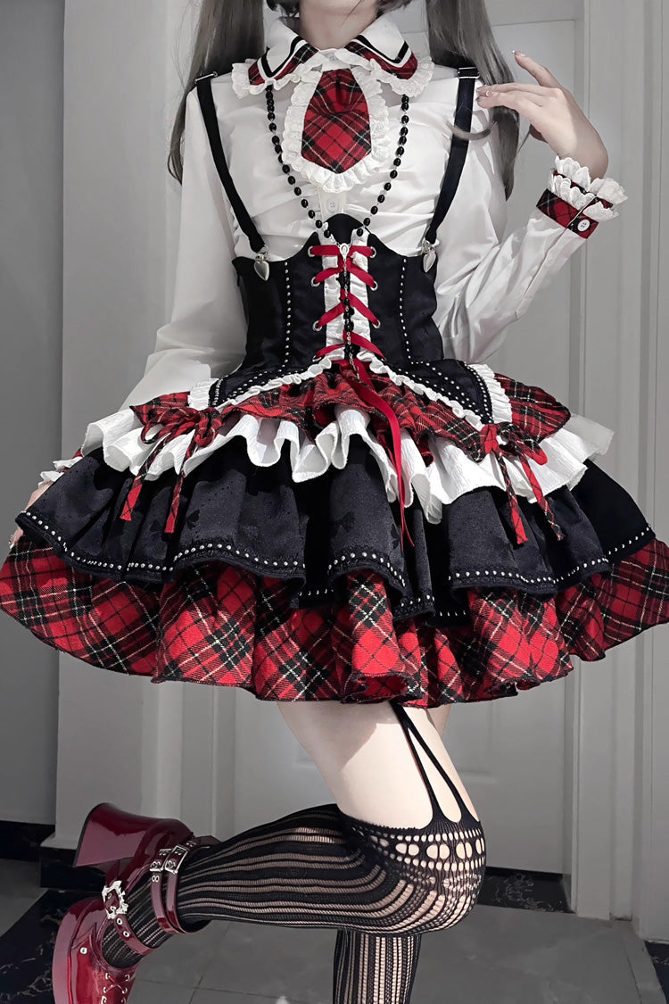 Red/White/Black Multi-layer Ruffle Opera Rock Girl Gothic Lolita Strap Dress Set