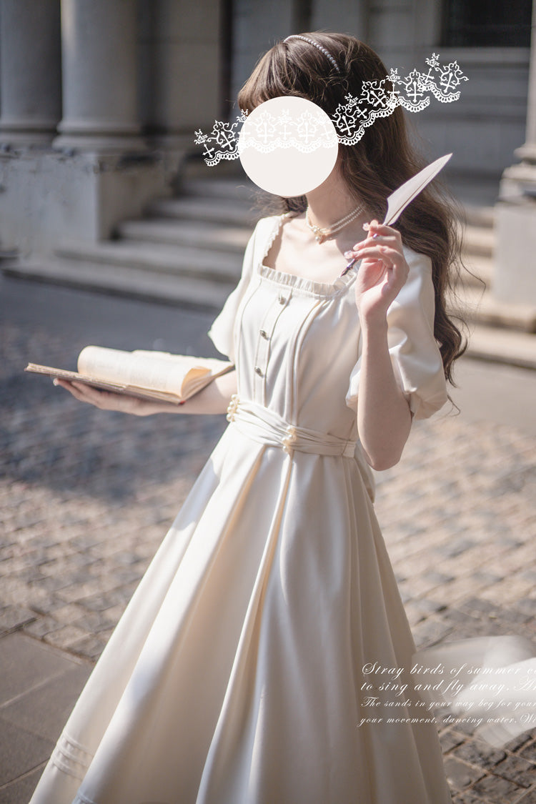 Apricot Random Thoughts Square Collar Short Sleeves Ruffle Classic Vintage Elegant Lolita Dress