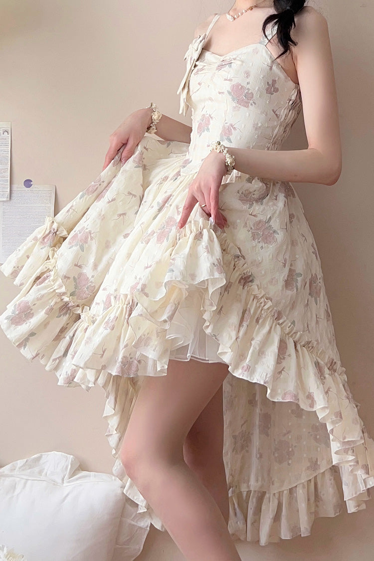 Pink Oblique Shoulder Print Ruffle Bowknot Lace Sweet Lolita Jsk Dress Set