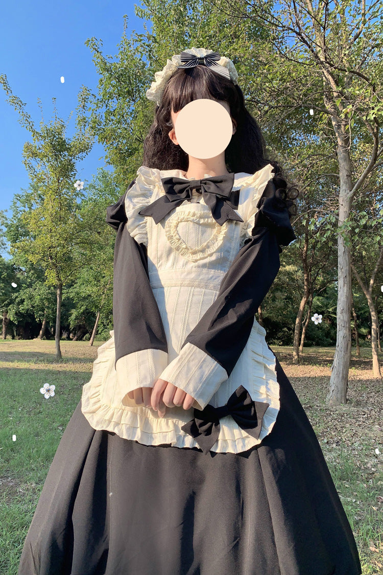 Black/White Maid Long Sleeves Ruffle Bowknot Stitching Sweet Long Lolita Dress
