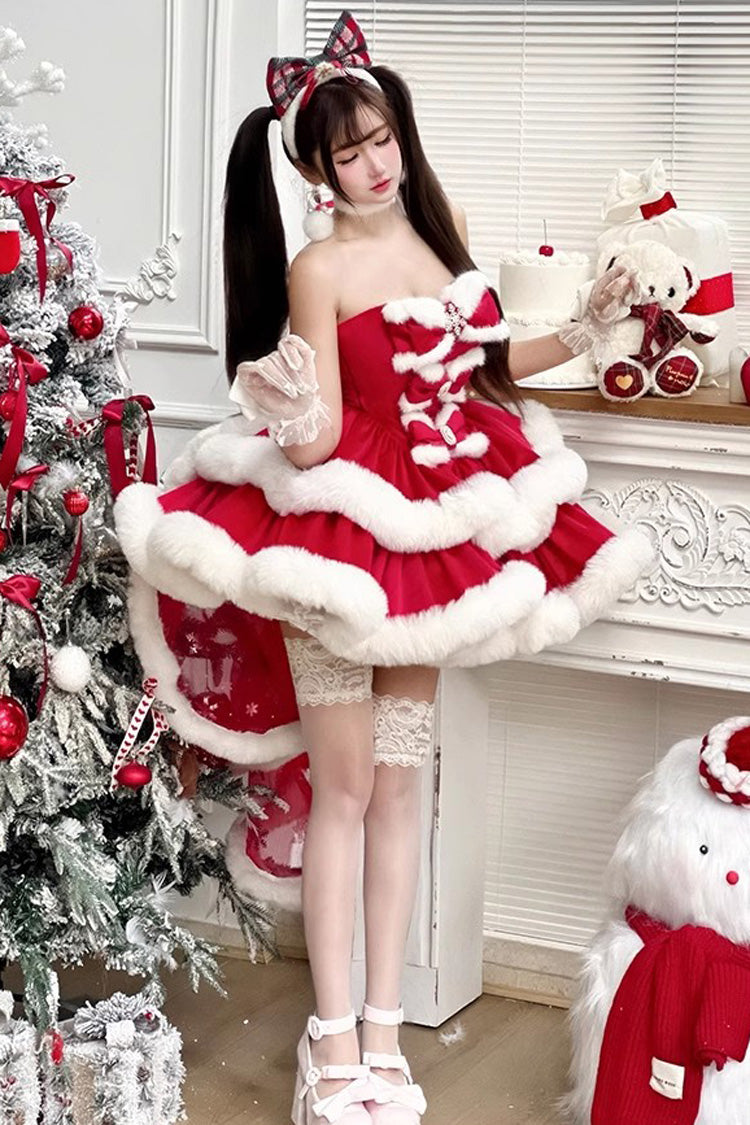 Red Holiday Double-Layered Bowknot Sweet Princess Lolita Strapless Dress