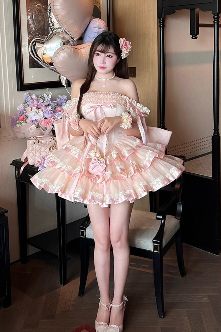 Pink Princess Ribbon Off Shoulder Triple-Layered Ruffle Bowknot Sweet Lolita Dress