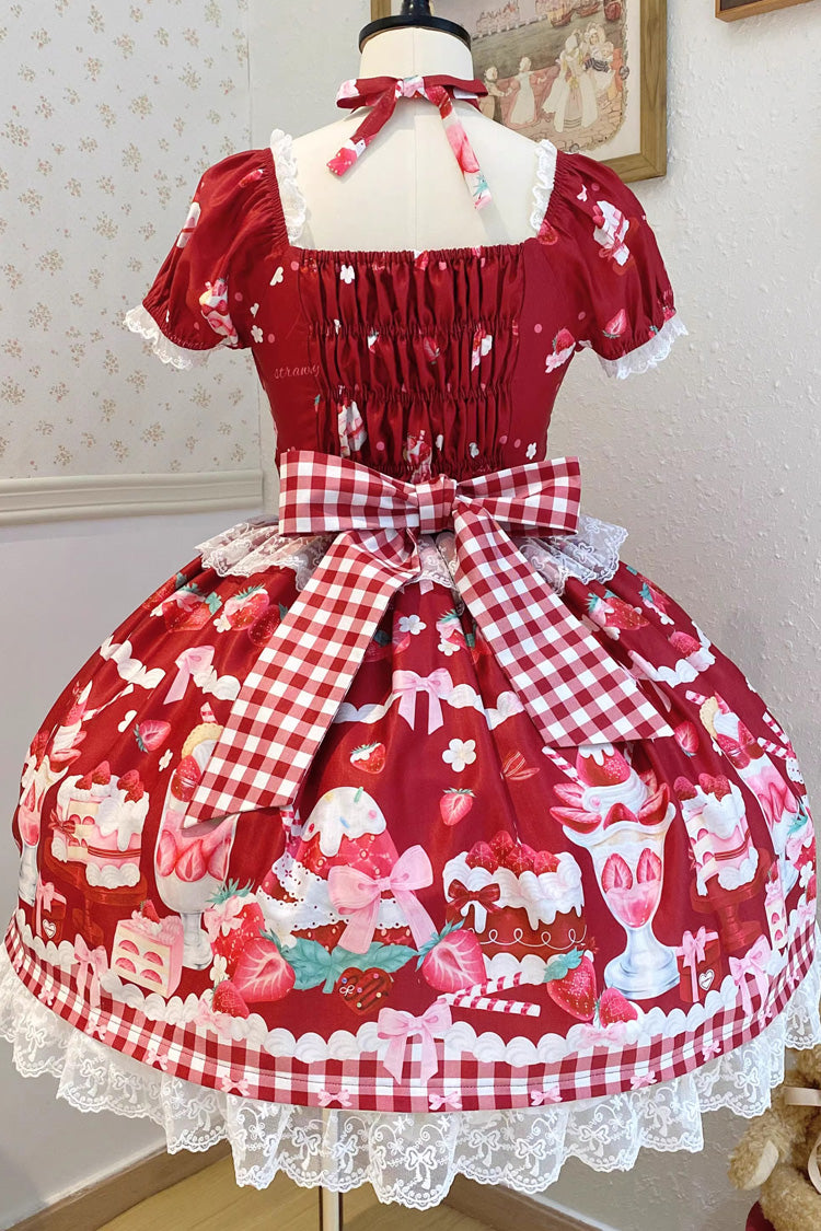 Red Strawberry Parfait Print Short Sleeves Ruffle Bowknot Lace Lace-Up Sweet Lolita Dress