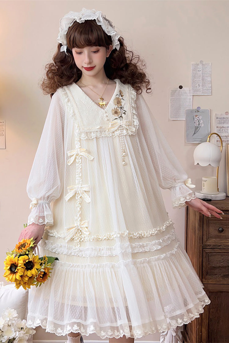 Ivory Sunflower Diary Long Sleeves Ruffle Embroidery Bowknot Lace Chiffon Sweet Princess Lolita Dress