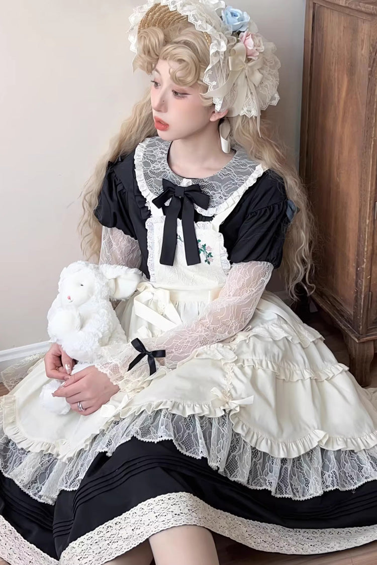Black Mist over Flowers Along the Path Lapel Collar Long Sleeves Embroidery Bowknot Lace Sweet Lolita Dress