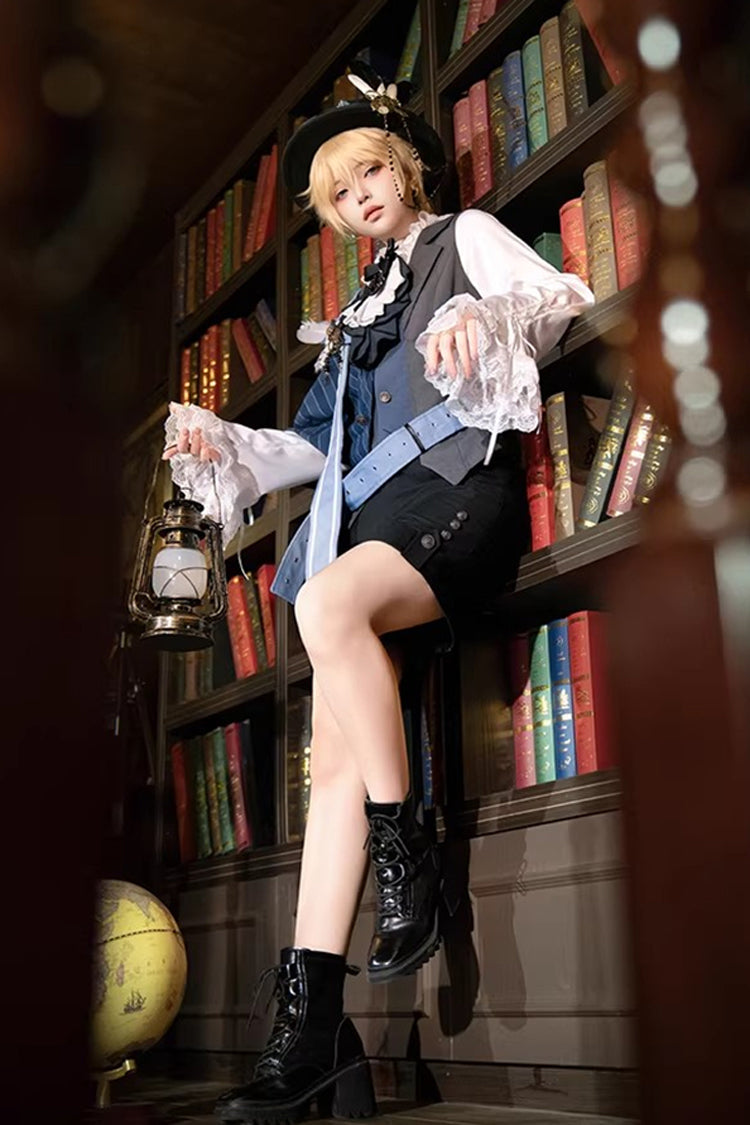 White/Grey/Blue Age of Machines Bow Asymmetric Punk Prince Ouji Lolita Shorts Vest Cloak Set