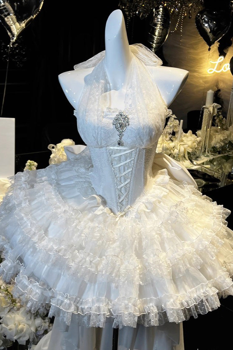 White Dream Halterneck Sleeveless Triple-Layered Ruffle Hanayome Lace Lace-Up Sweet Princess Lolita Dress