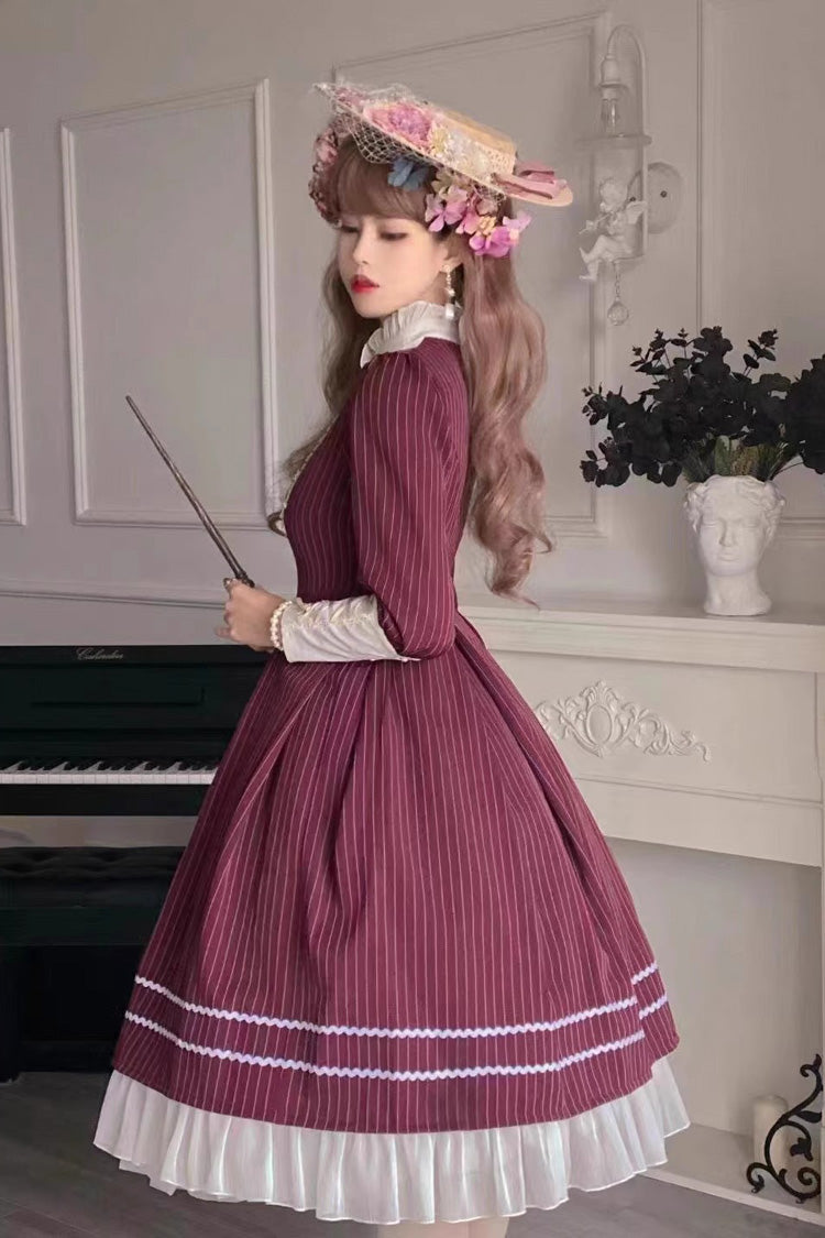 British Girl Long Sleeves Striped Print Ruffle Sweet Elegant Lolita Dress 2 Colors