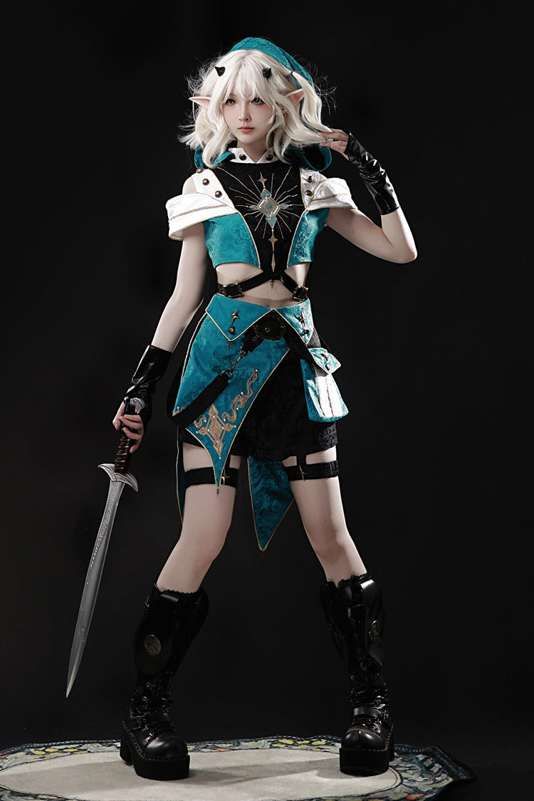 Blue/Green Traveler's Outfit Print Embroidery Hooded Ouji Fashion Sweet Handsome Lolita Set