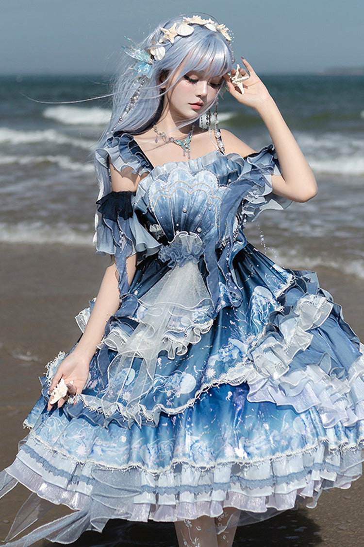 Blue Jellyfish Gradient Print Ruffle Embroidery Bowknot Lace Asymmetric Sweet Elegant Lolita Jsk Dress