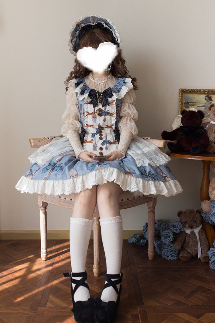 Blue The Witch's Banquet Sleeveless Printed Ruffled Embroidered Bow Lace Sweet Lolita Jsk Dress