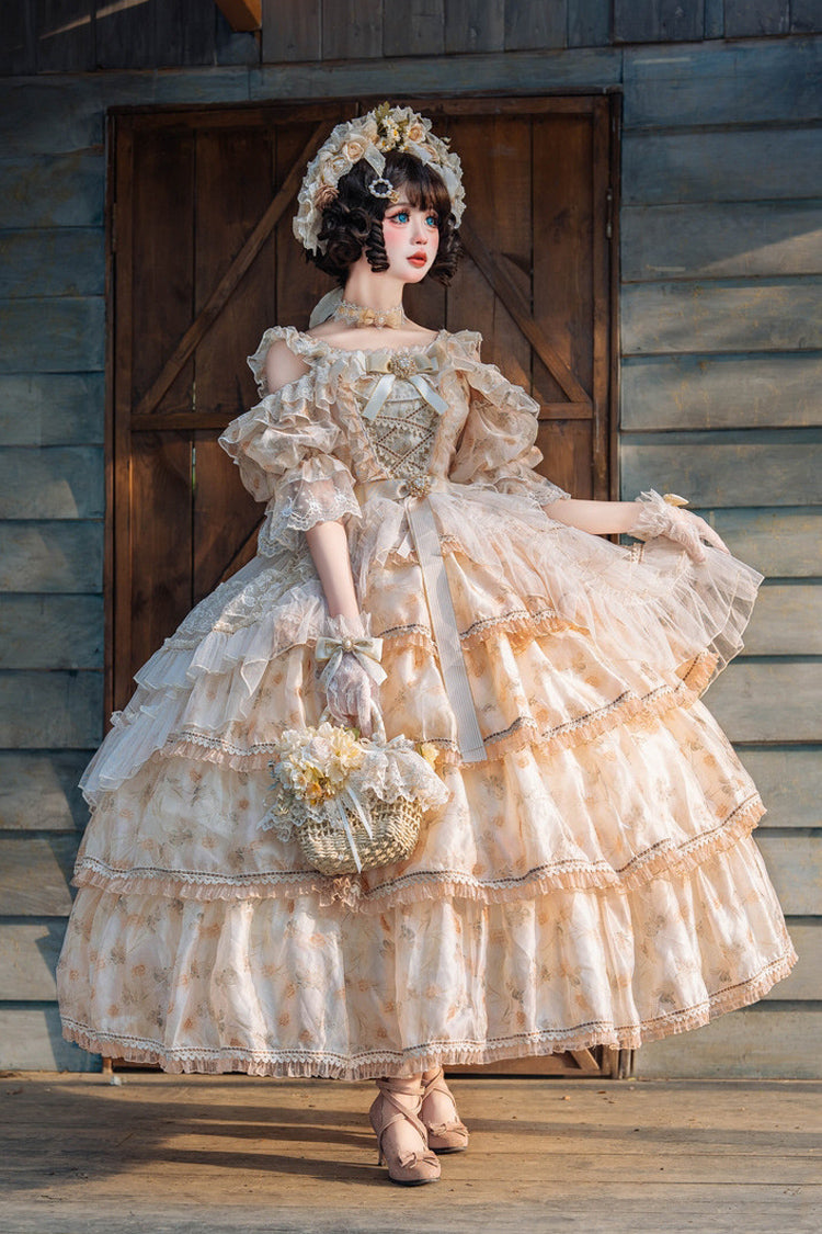 Yellow Rose Letter Off Shoulder Triple-Layered Print Ruffle Hanayome Sweet Princess Lolita Dress