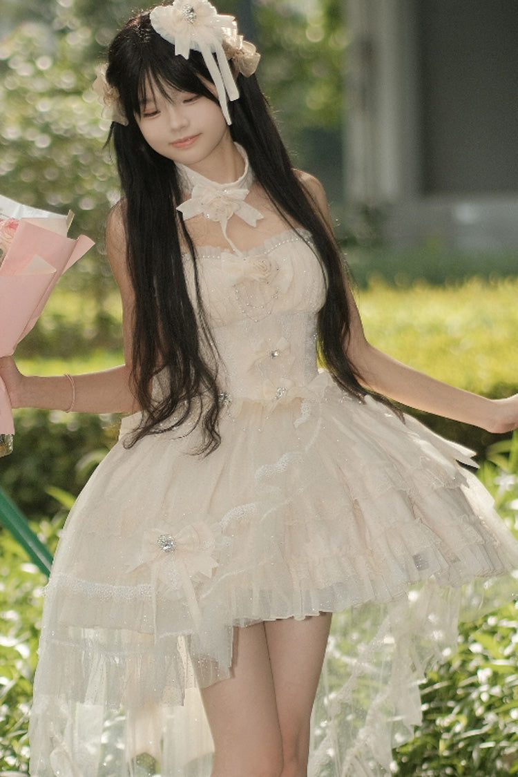 Ivory Galaxy Flower Language Multi-Layered Ruffle Bowknot Sweet Lolita Tube Top Dress