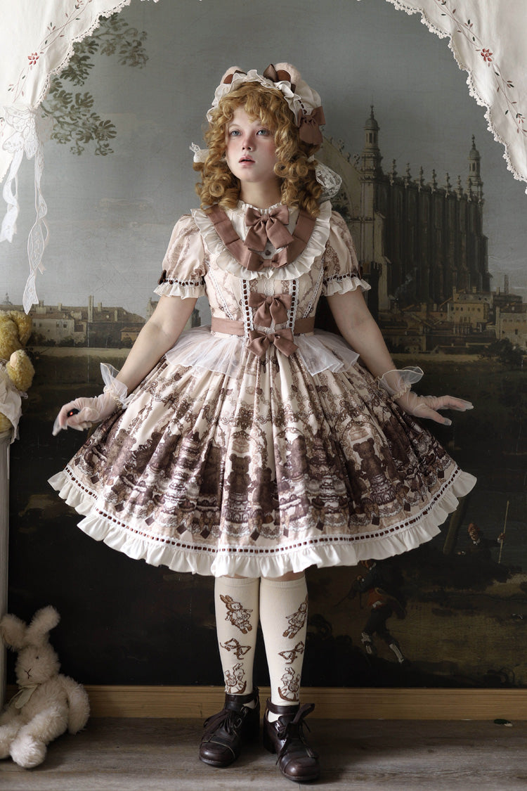 Brown Teddy Bear Party Round Collar Short Sleeves Printed Ruffled Bow Daily Sweet Lolita Dress