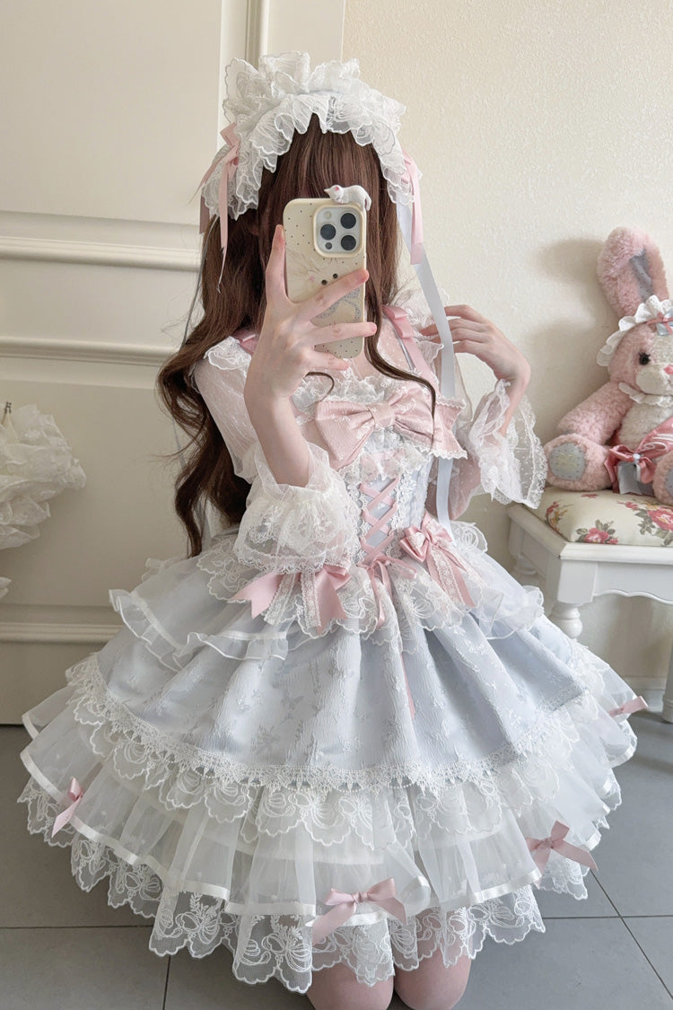 Blue Fleishi Island Sleeveless Ruffle Bowknot Lace Slim Sweet Ballet Lolita Jsk Dress