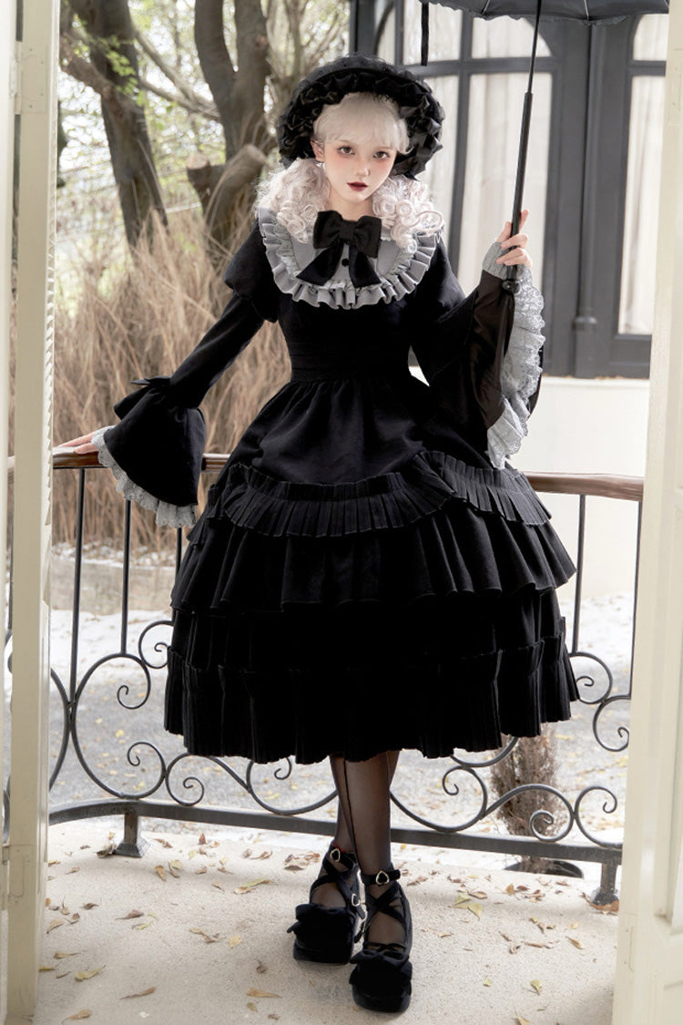 Black Chapter of the Night Long Hime Sleeves Ruffle Bowknot Gothic Lolita Dress