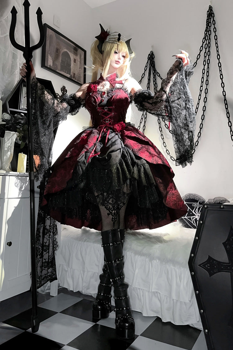 Red Rose Dish Ruffle Embroidery Cardigan Bowknot Lace-Up Gothic Lolita Jsk Dress