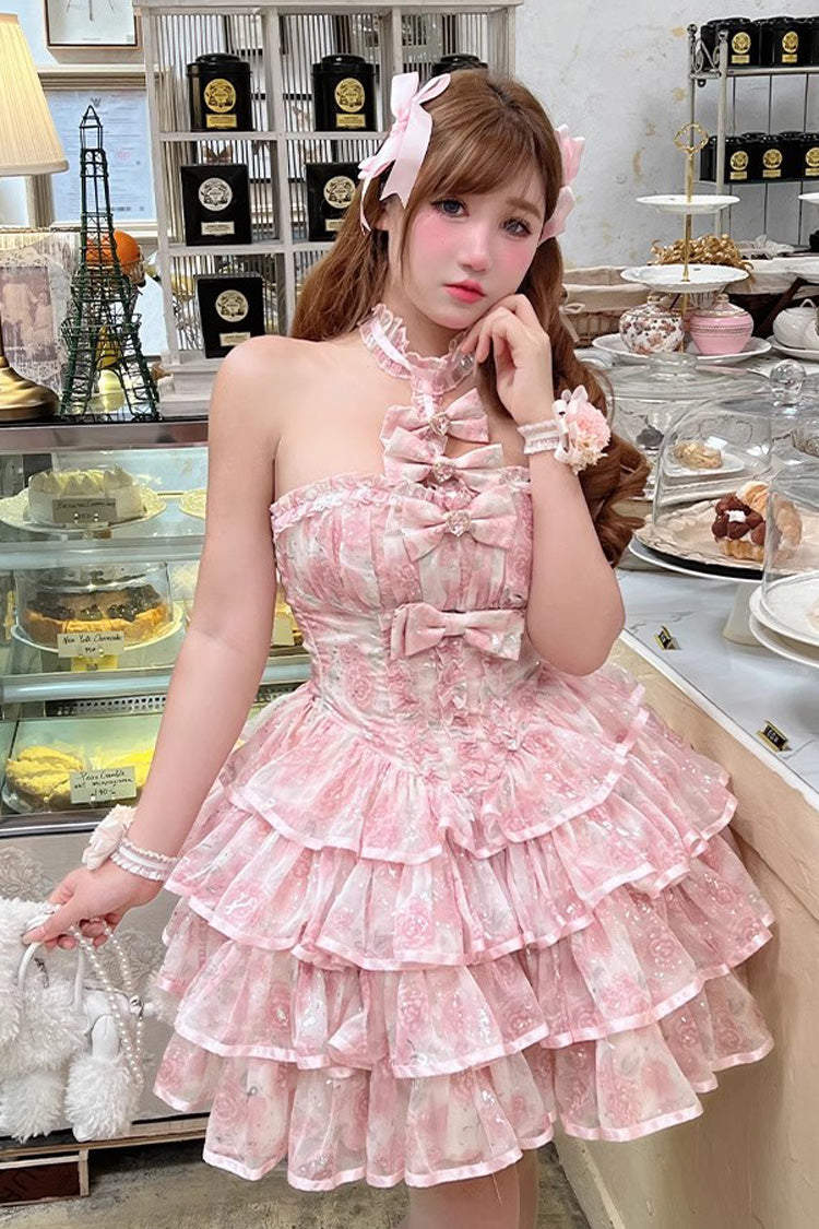Pink Broken Silver Rose Halterneck Sleeveless Multi-Layered Ruffle Bowknot Sweet Princess Lolita Tiered Dress