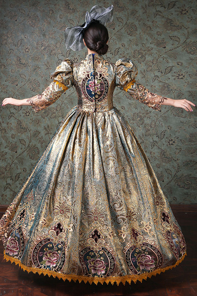 Champagne Half Sleeves High Waisted Hollow Floral Embroidery Victorian Lolita Prom Dress