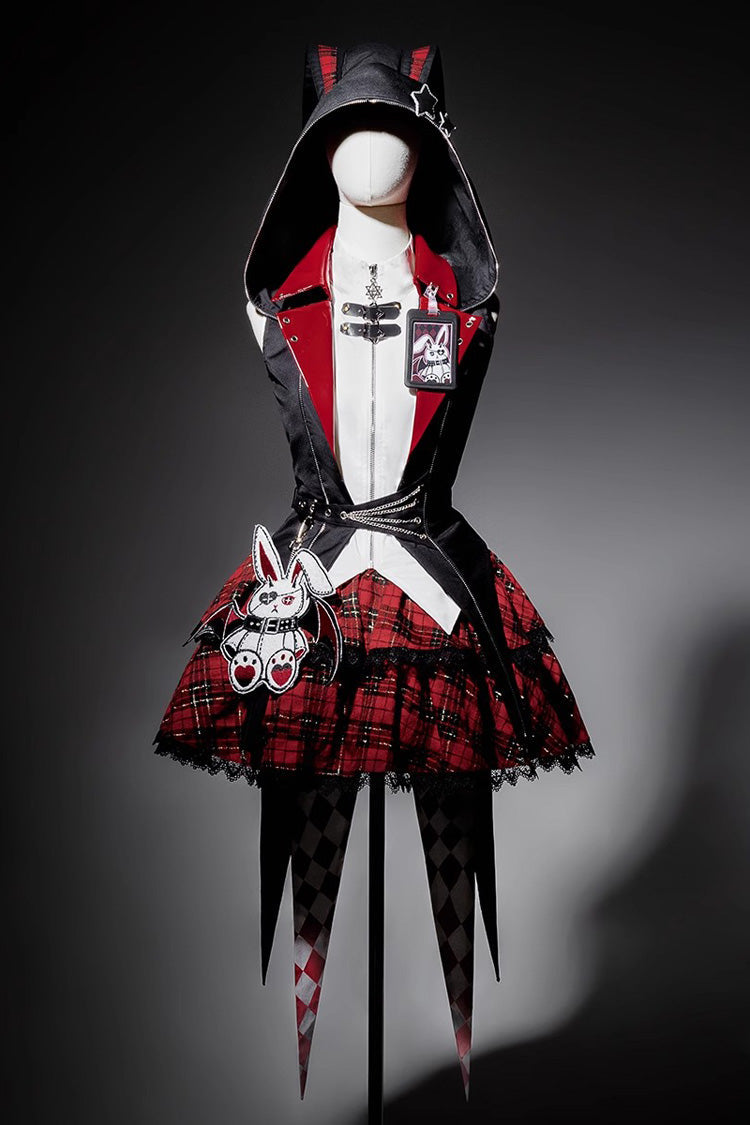 Black/Red Rock Bunny Sleeveless Double-Layered Embroidery Hooded Punk Lolita Skirt Set