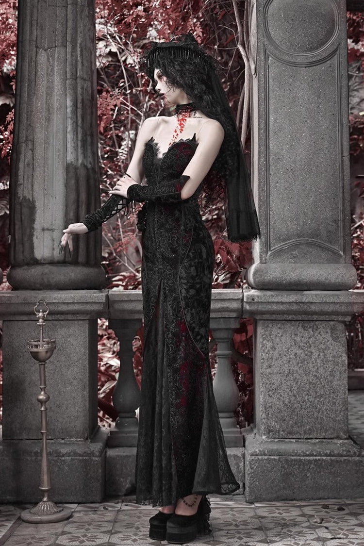 Black/Red Scarlet Blood Peak Sleeveless High Waisted Ruffle Embroidery Lace Gothic Lolita Fishtail Dress