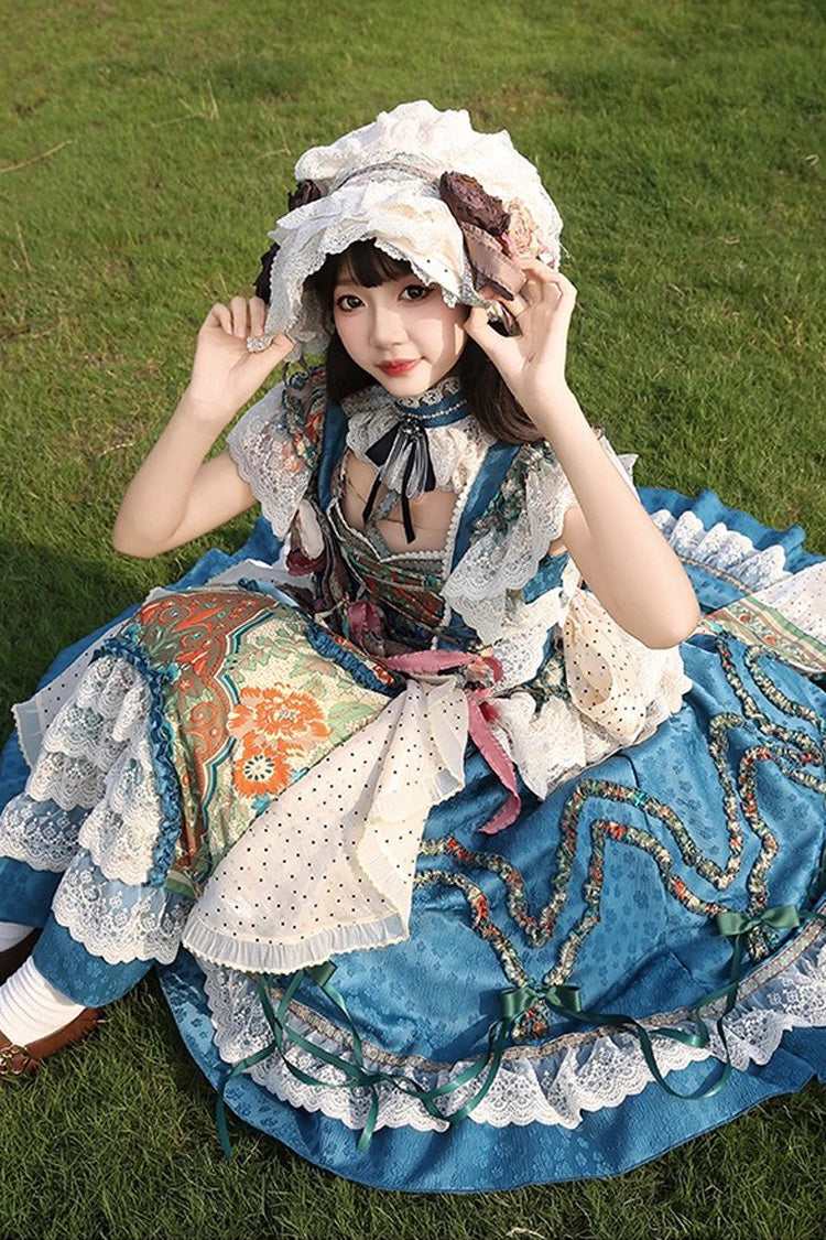 Blue Lake Monet Sleeveless High Waisted Print Ruffle Cardigan Bowknot Lace-Up Classic Vintage Elegant Princess Lolita Jsk Dress