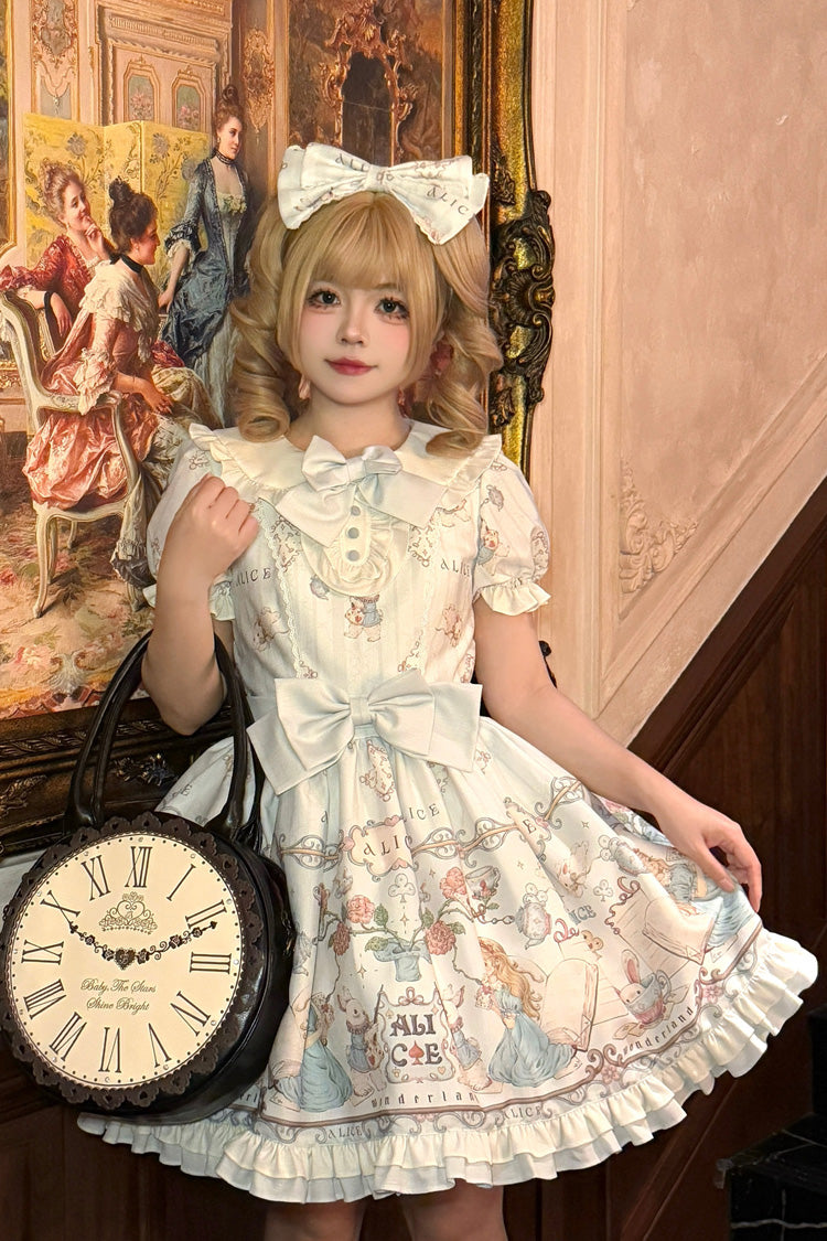 Light Blue The Princess's Magical Diary Printed Short Sleeves Ruffled Bow Sweet Princess Lolita Dress