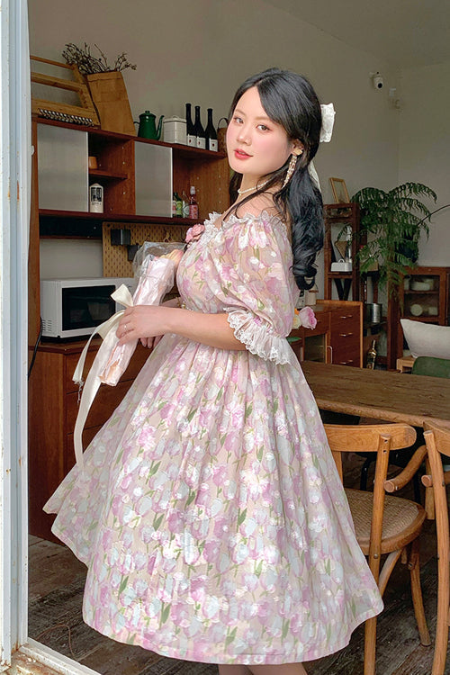 Boat Neck Ruffled Short Sleeves Plus Size Tulips Floral Print High Waisted Sweet Lolita OP Dress
