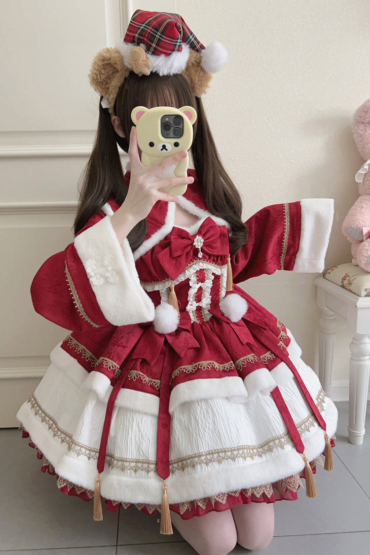 Red Snow Rabbit Long Sleeves Ruffle Bowknot Fake Two Pieces Sweet Lolita Dress
