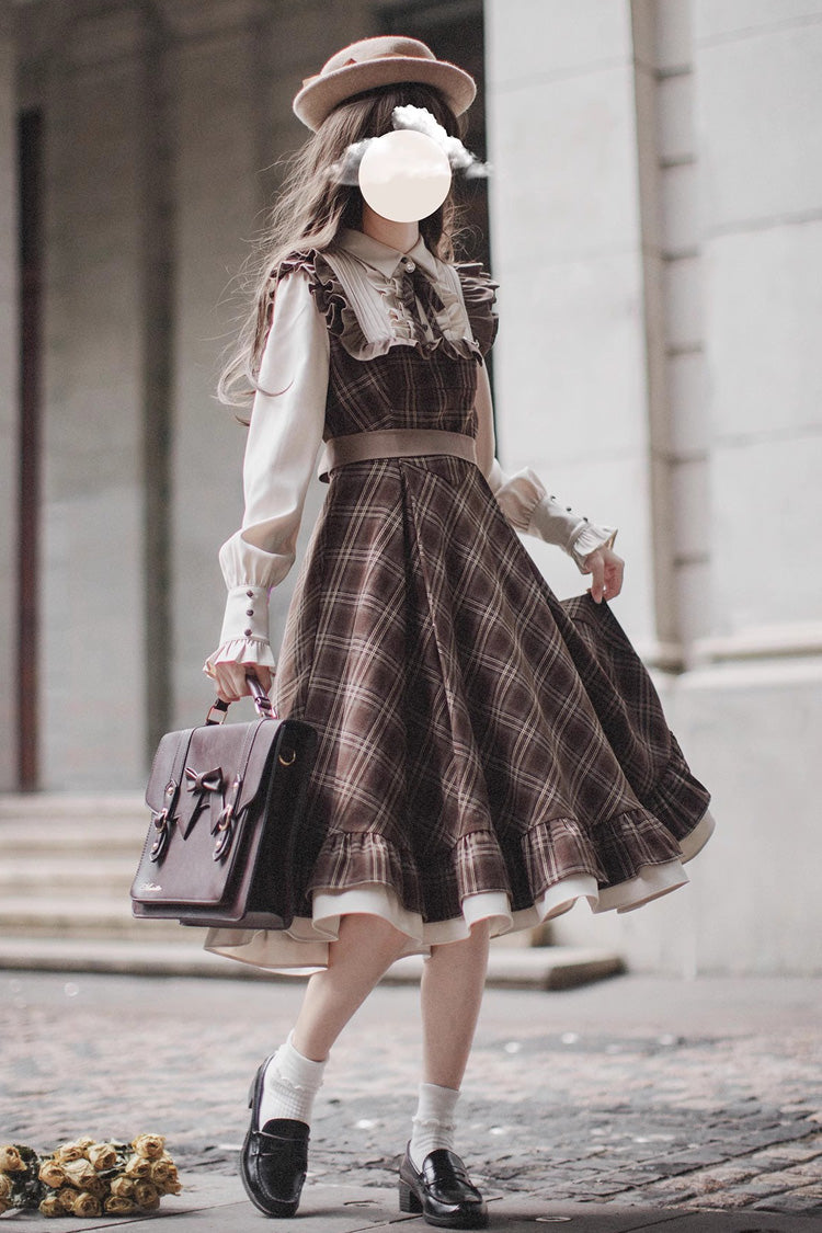 Brown The Thames at Dusk Print Long Sleeves Ruffle Fake Two Pieces Vintage College Style Lolita Dress