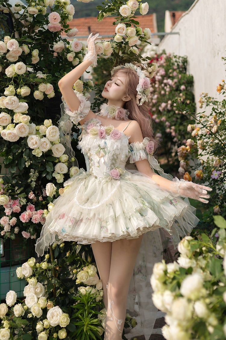 Green Spring Rose Sleeveless Multi-Layered Bowknot Lace-Up Fishbone Sweet Lolita Jsk Dress