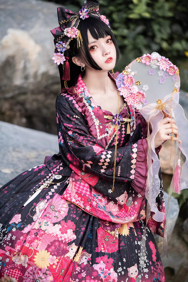 Black/Red Cherry Blossom Cat Islet Sleeveless Printed Ruffled Bow Sweet Lolita Jsk Dress Set