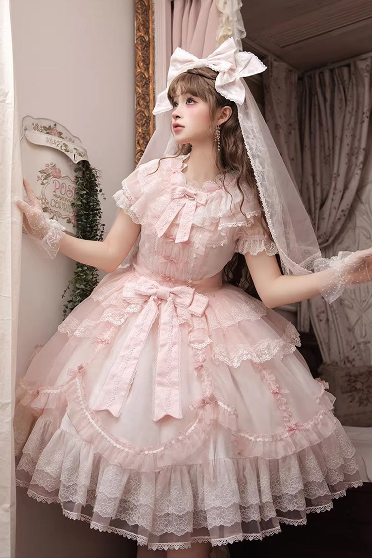 Pink Candy Flavor Round Collar Short Sleeves Ruffled Bow Lace Sweet Gorgeous Lolita OP Dress