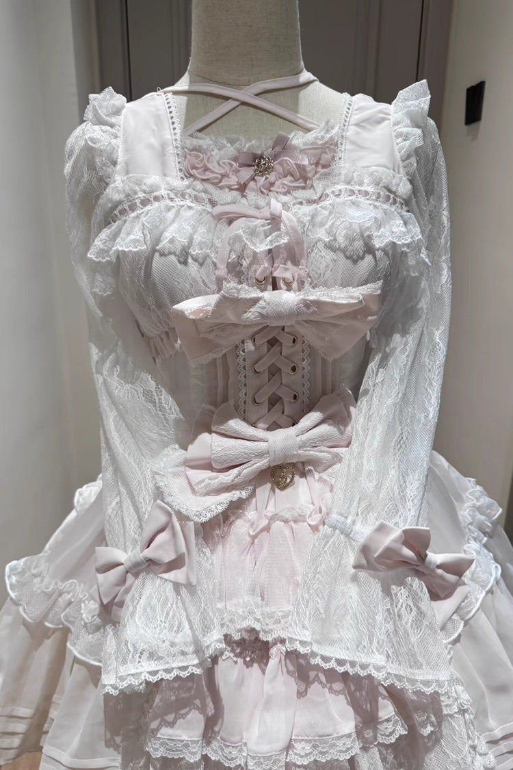 Sweet Square Collar Long Sleeves Lace Ruffle Bowknot Stitching Lace-Up Japanese Plus Size Lolita Dress 3 Colors