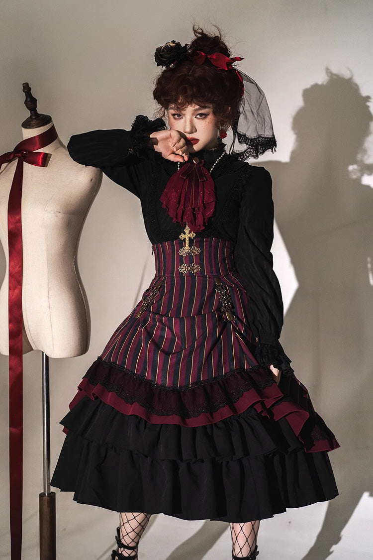 Point Manor Multi-layer Striped Print Ruffle Vintage Elegant Gothic Lolita Skirt 4 Colors