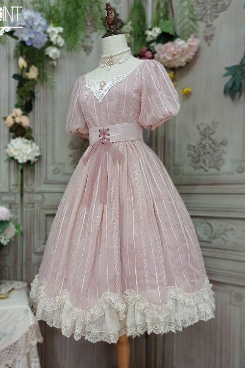 Pink Elegant Vintage Square Collar Short Sleeves Multi-Layer Ruffled Classic Lolita OP Dress