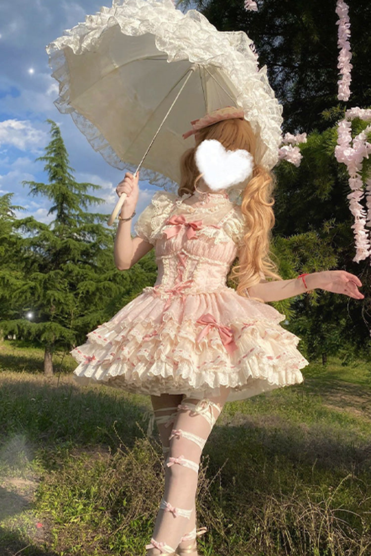 Pink Flory Butterfly Double-Layered Ruffle Bowknot Lace Lace-Up Sweet Ballet Lolita Jsk Dress