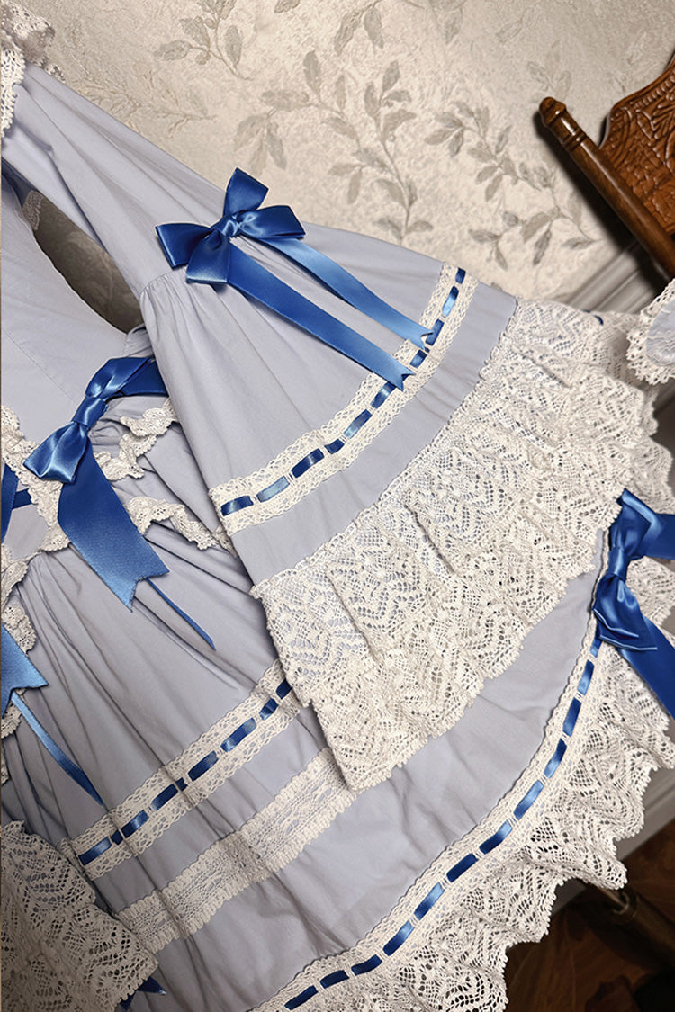 Blue/White Rabbit Sleeping Doll Long Trumpet Sleeves Ruffle Bowknot Lace Sweet Lolita Dress