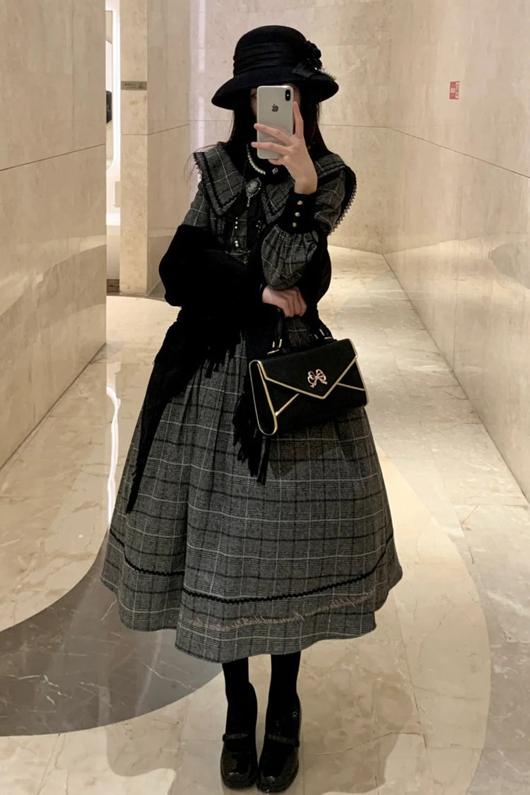 Grey Fontainebleau Long Sleeves Plaid Print Bowknot Elegant Sweet Lolita Dress