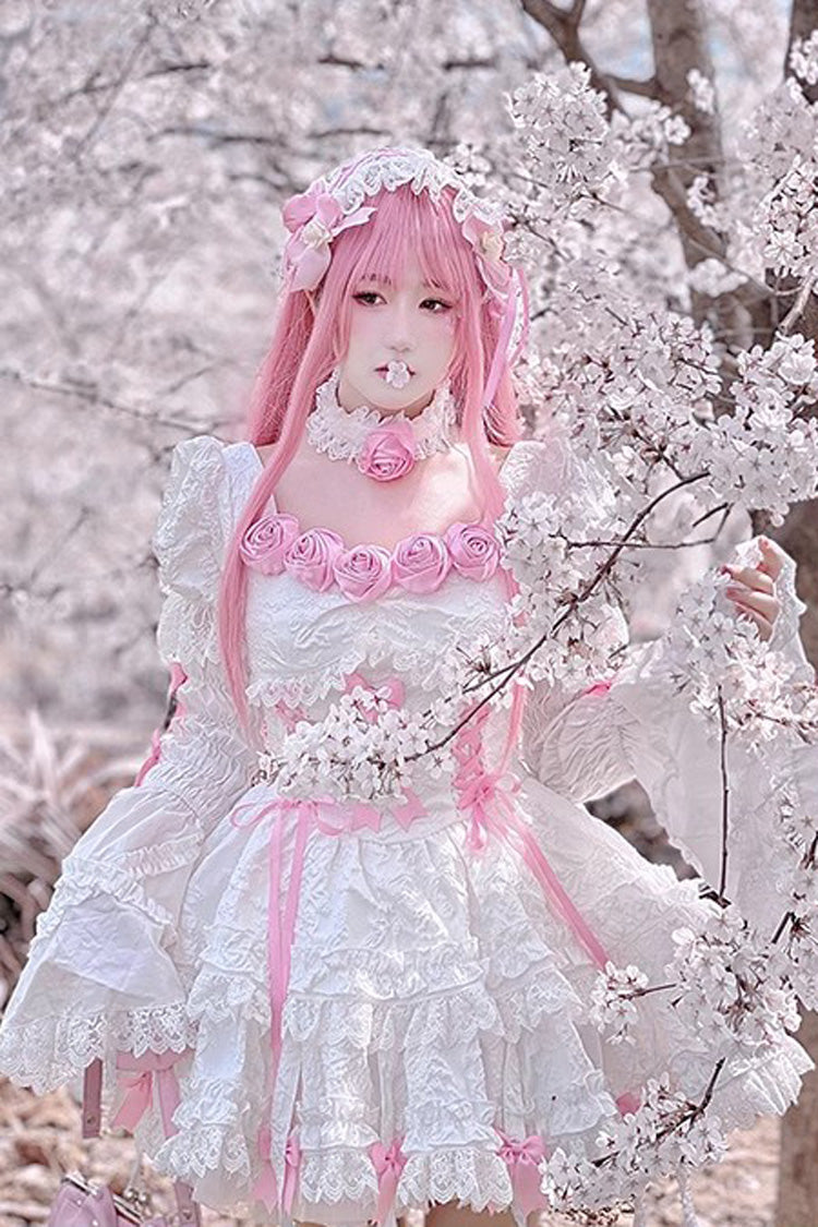 White/Pink Puff Short Sleeves Princess Gothic Lolita Tiered Dress
