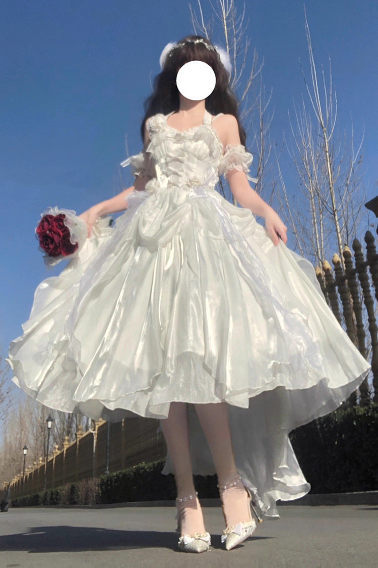 White Cindy Rose Halterneck Sleeveless Ruffle Bowknot Sweet Elegant Lolita Jsk Dress