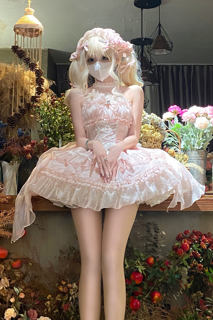 Pink Halterneck Triple-Layered Bowknot Lace Sweet Lolita Jsk Dress