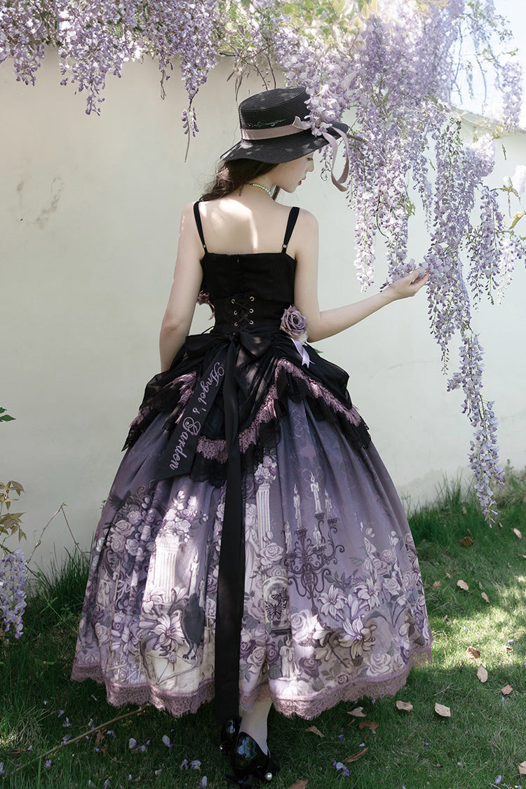 Black/Purple Angel Garden Sleeveless Print Ruffle Bowknot Lace Sweet Gothic Lolita Skirt Set