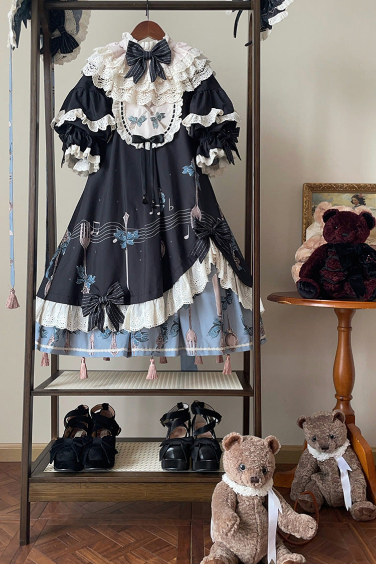 Dark Blue The Witch's Banquet Round Collar Short Sleeves Printed Ruffled Embroidered Bow Asymmetric Sweet Lolita Dress